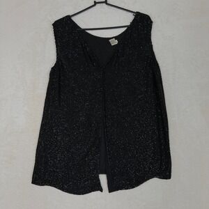 Elegant Black Beaded Silk Vest Sleeveless Open Front Evening Party Glam Size L